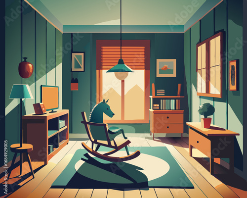 colorful illustration of a playroom with rocking horse
