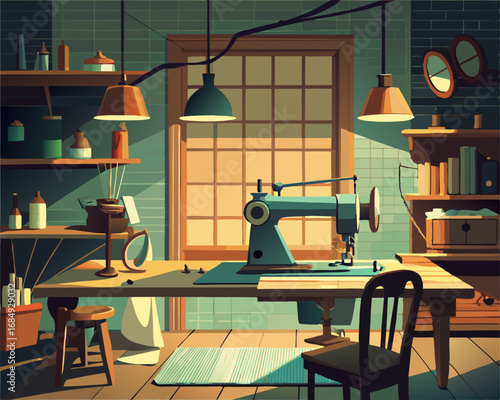 colorful illustration of a old sewing room