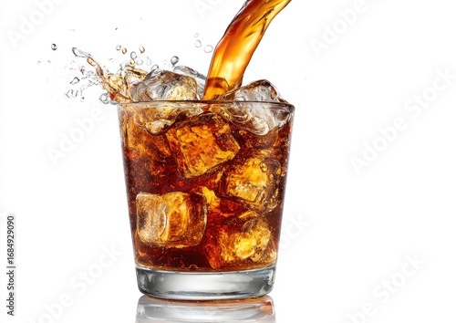 Soda poured into a glass with ice, splashing