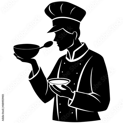 Chef tasting soup with spoon bowl