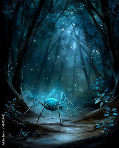 Enigmatic Blue Spider in Mystical Forest with Soft Moonlight Glow