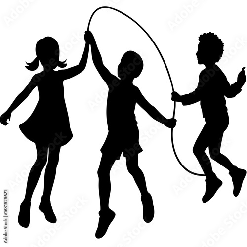 Children jumping rope black silhouette kids skipping
