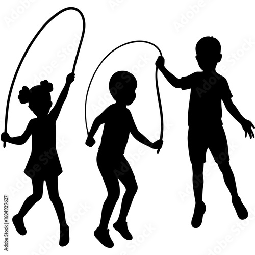Children jumping rope black silhouette skipping