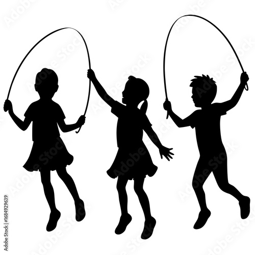 Children jumping rope black silhouettes skipping playing