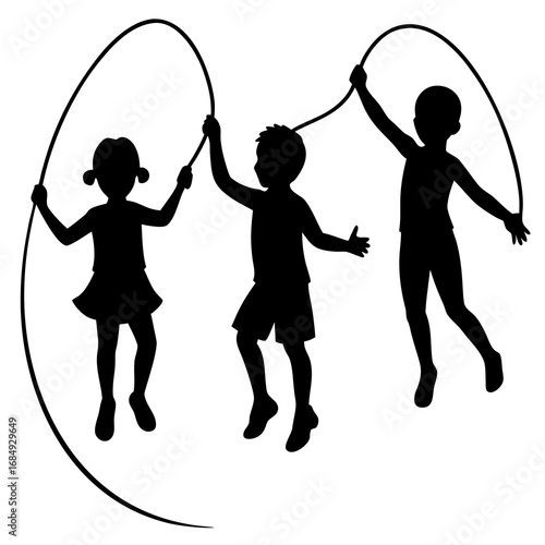 Children jumping rope black silhouette skipping