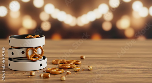 A stack of golden-brown pretzels sits on a rustic wooden table, with a bokeh of warm, inviting lights in the background, perfect for a festive gathering or cozy snack