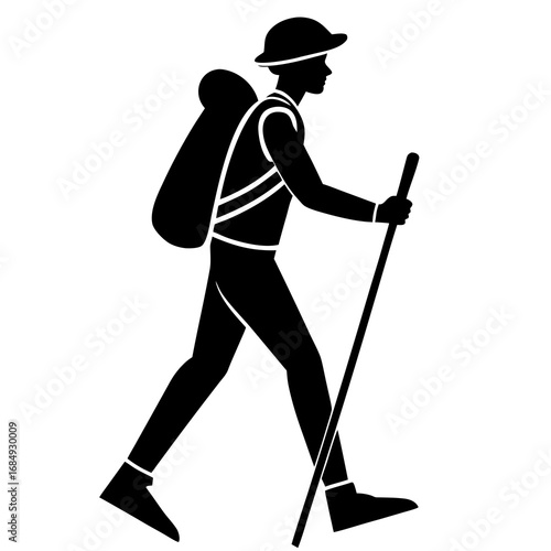 Hiker with backpack and trekking pole walking silhouette