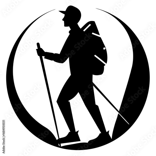 Hiker with backpack and trekking poles silhouette walking