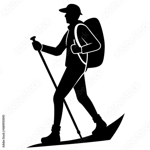 Hiker with backpack and poles on snowshoes trekking poles