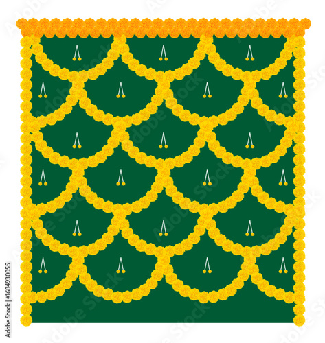 Traditional Indian wedding backdrop decoration with marigold flower garlands on green background, festive floral design for Haldi and Mehendi ceremony stage decor. Vector illustration