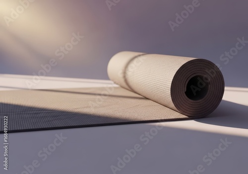 Rolled up yoga mat on the white surface with sunlight and shadow