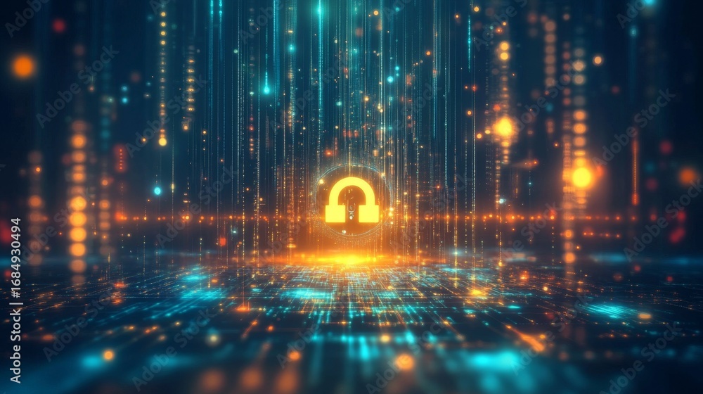 Fototapeta premium Unlocking digital security a floating lock icon above a glowing matrix in a futuristic environment