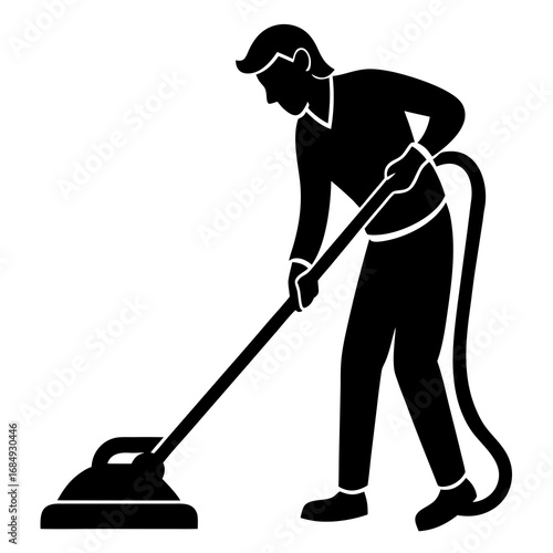 Person cleaning floor with vacuum cleaner silhouette