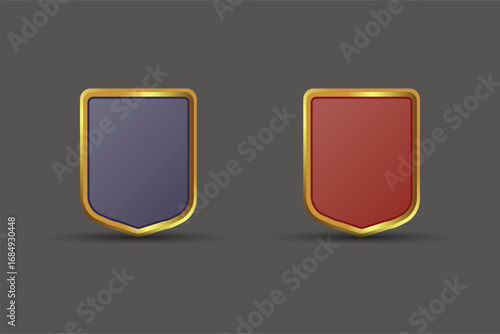 Blank shield vector with golden color. Luxury badge with blue and silver shield colors for advertisement. Realistic emblem of strong digital protection, and security screen to protect against weapons.