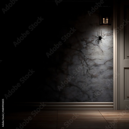Dark Corner with Spider and Old Door in Dimly Lit Room