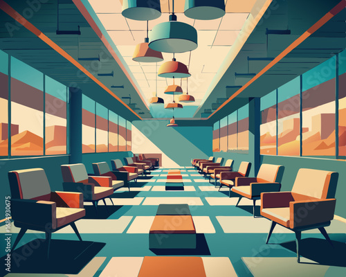 colorful illustration of a corridor room with chairs