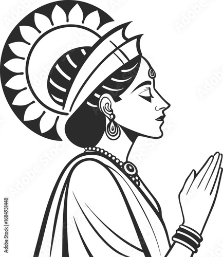 Indian Woman Praying with Traditional Headdress and Jewelry devotional spiritual