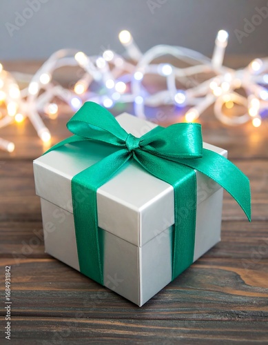 A light gray gift box, tied with teal ribbon, sits on a wooden table, with blurred Christmas lights in the background