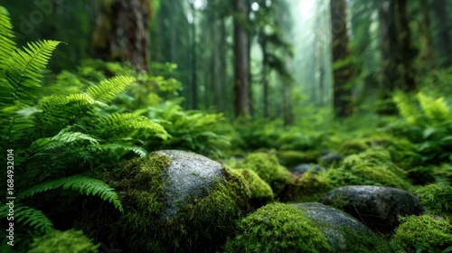 A serene forest scene featuring a lush green floor decorated with vibrant ferns and mossy stones, perfect for nature lovers seeking moments of tranquility and charm.