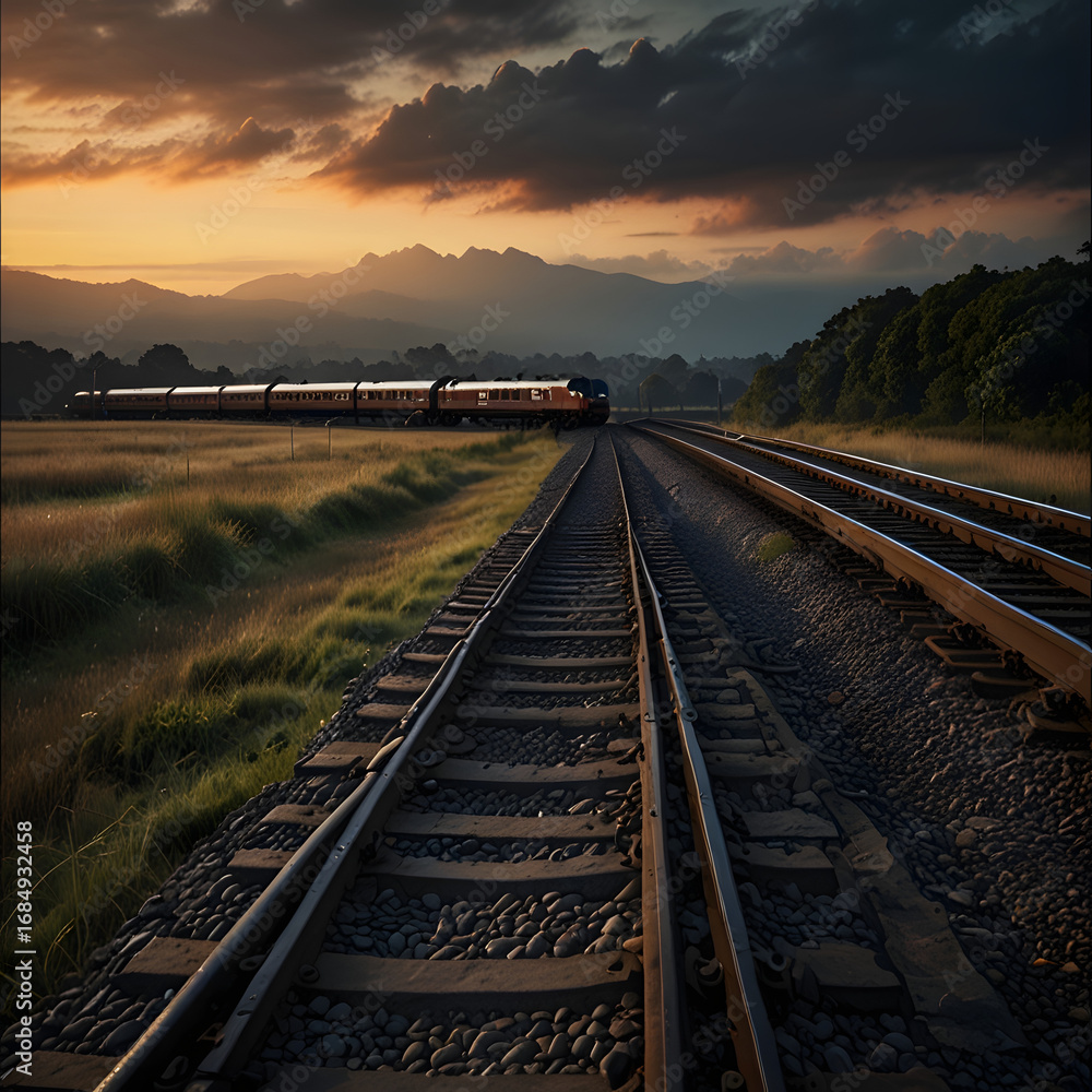 Fototapeta premium Sunset over railway tracks with train rails stretching into the horizon
