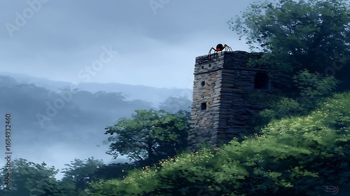 Mysterious Tower Surrounded by Fog and Lush Forest Landscape