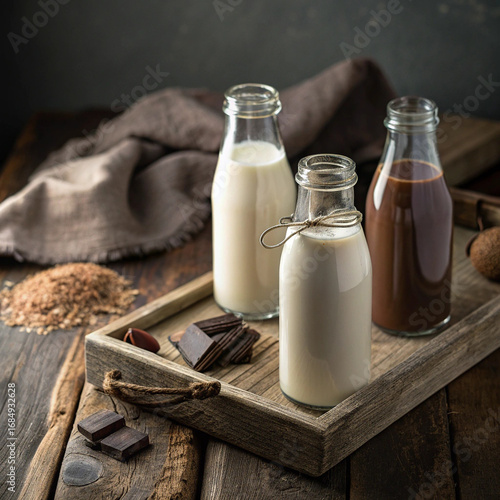 Rustic Tray with Three Bottles of Milk and Chocolate

