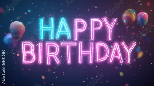 Happy Birthday message in neon light with balloons and confetti