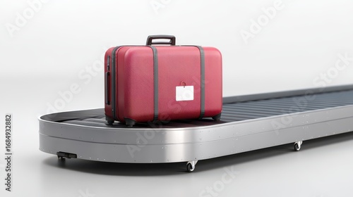 Red suitcase on luggage conveyor belt on white background