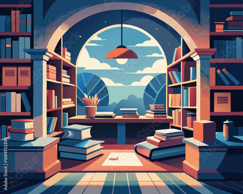colorful illustration of a library room