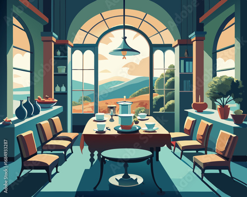 colorful illustration of a dining room with tea set on the table