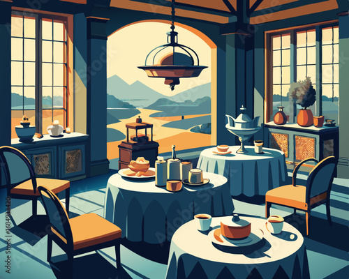 colorful illustration of a dining room with tea set on the table