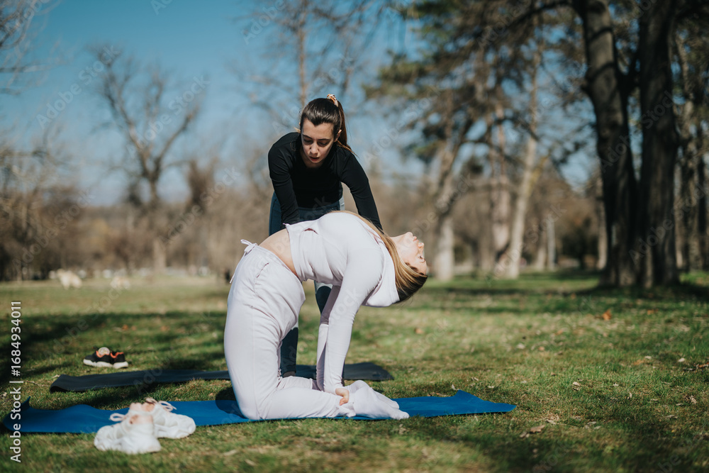 Fototapeta premium A tranquil scene featuring a yoga instructor assisting a student with a deep back bend pose outdoors in a lush park environment under clear skies.