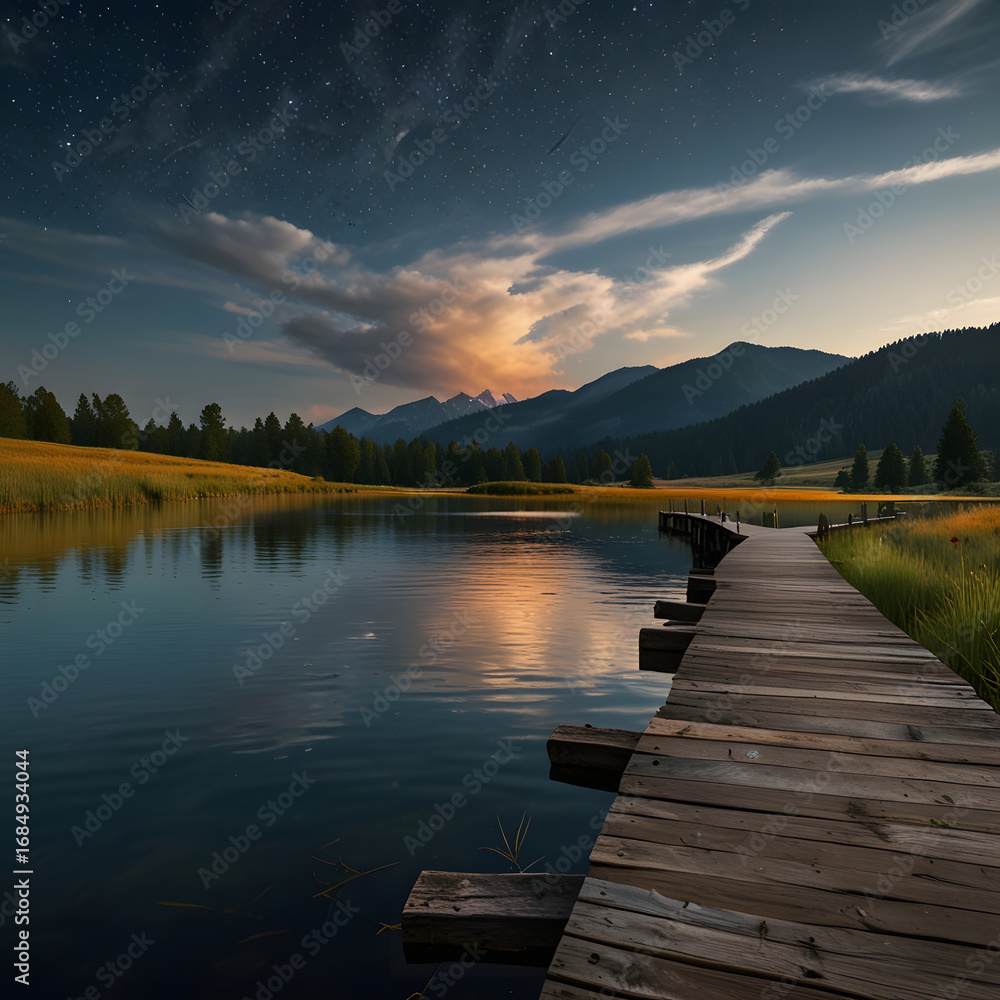 Fototapeta premium Sunset over a lake with a wooden bridge and pier reflected in the water