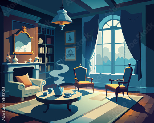 colorful illustration of a victorian living room with tea set on the table