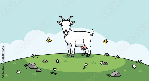A charming white goat stands majestically on a grassy hill surrounded by butterflies and small flowers under a clear blue sky with fluffy white clouds