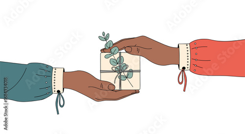 Hands exchanging a beautifully wrapped gift adorned with delicate green leaves a gesture of thoughtful generosity and connection between two people