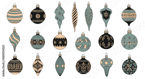 A collection of vintage christmas ornaments with intricate patterns and muted color palettes