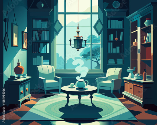 colorful illustration of a victorian living room with tea set on the table