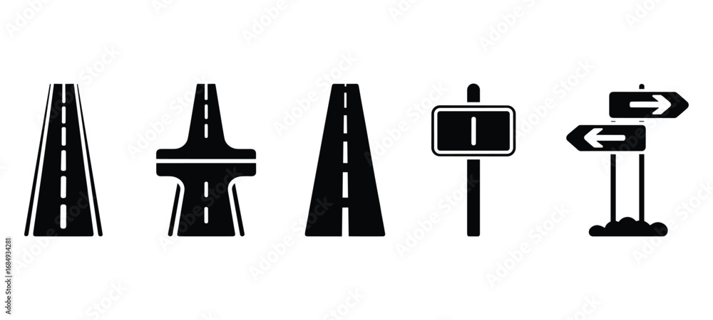 Fototapeta premium Collection of black road and directional sign icons on white background highway street