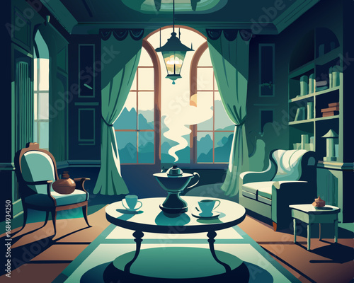 colorful illustration of a victorian living room with tea set on the table