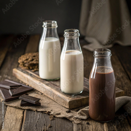 Three Bottles of Milk with Chocolate on a Rustic Wooden Table

