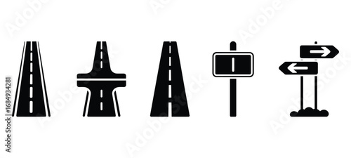 Collection of black road and directional sign icons on white background highway street