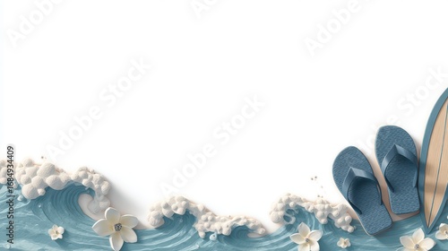 Ocean wave with surfboard and flip flops on white background