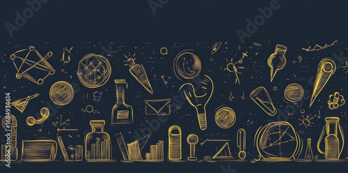 Objects Doodle Science Sketch Pattern In Golden Theme Background and Wallpaper