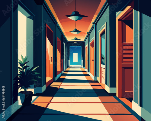 colorful illustration of a winding hallway with doors