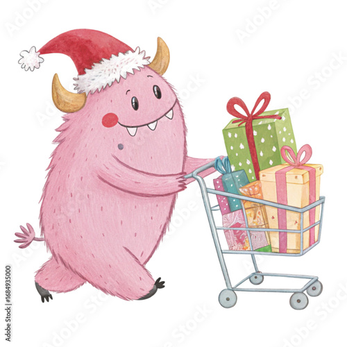 cartoon monster wearing a Santa hat pushing a red shopping cart 