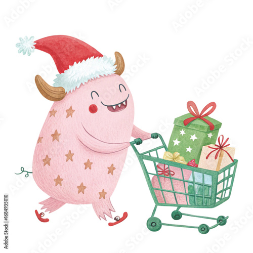 cartoon monster wearing a Santa hat pushing a red shopping cart 