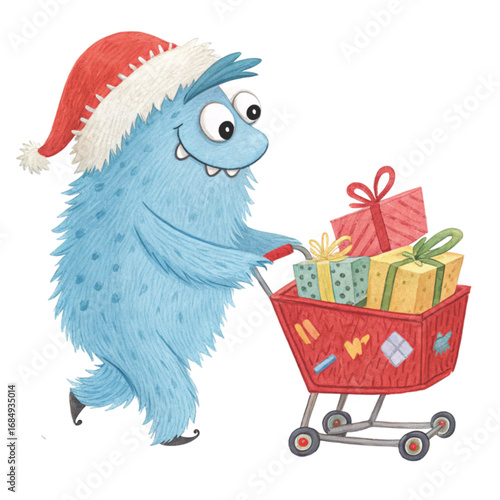 cartoon monster wearing a Santa hat pushing a red shopping cart 