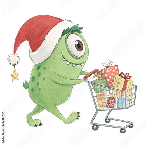cartoon monster wearing a Santa hat pushing a red shopping cart 