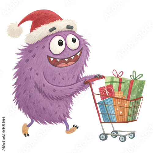 cartoon monster wearing a Santa hat pushing a red shopping cart 